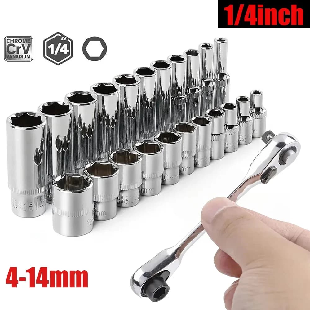 Set di bussole da 1/4" Set di bussole profonde corte/lunghe a 6 punti Set di chiavi a bussola CRV Adattatore per testa con punta a cricchetto per chiave dinamometrica
