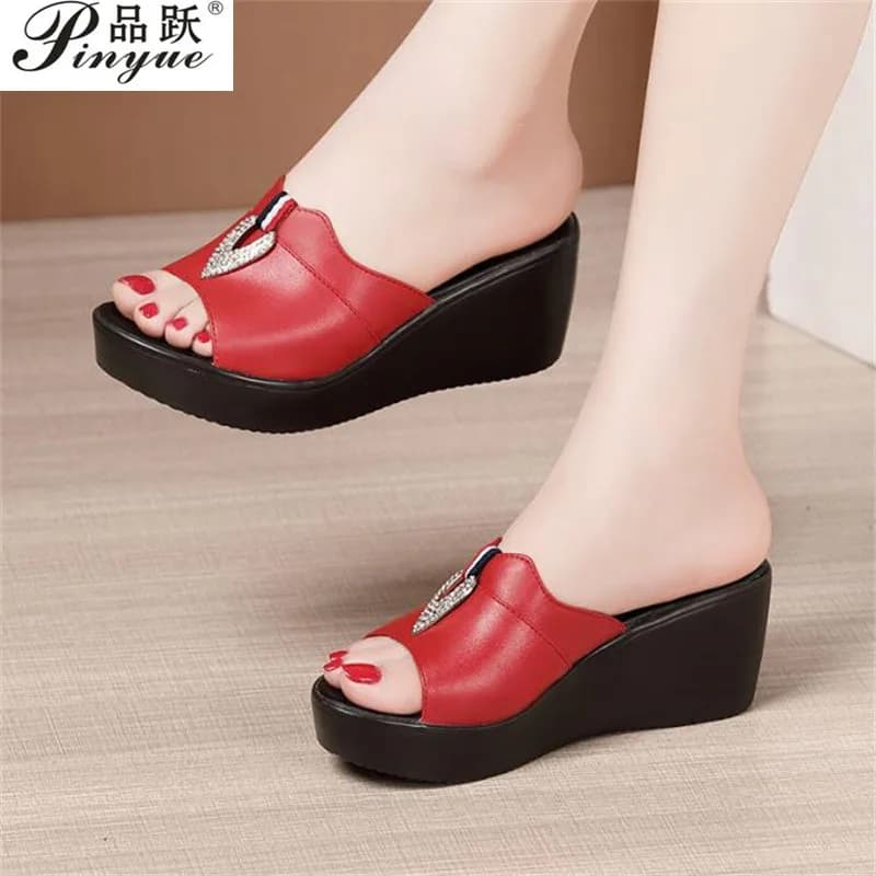 6cm Summer Women Genuine Leather Platform Shoes Wedges Heels Crystal Slippers Thick Sole Sandals Woman Flip Flops size 32--43