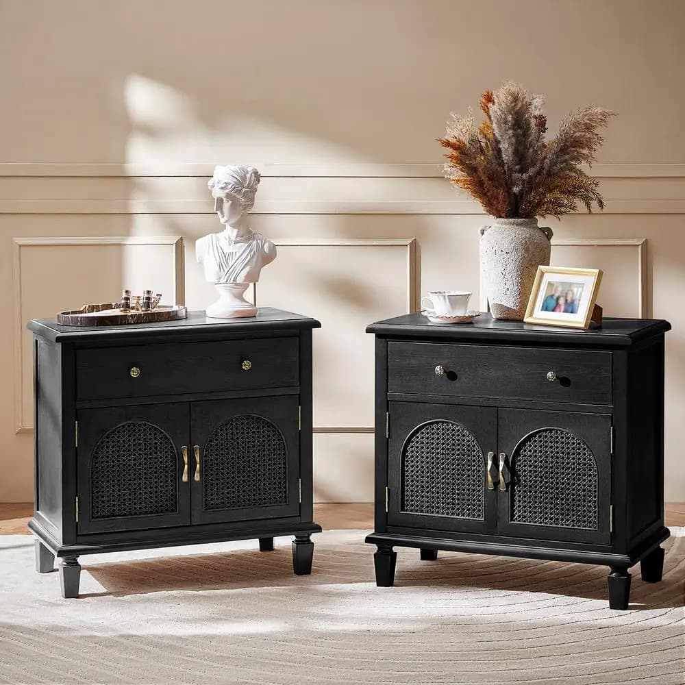 Set di 2 tavolini con ante e cassetto, tavolino tradizionale con gambe in legno massello, ripiano regolabile, stazione di ricarica, nero