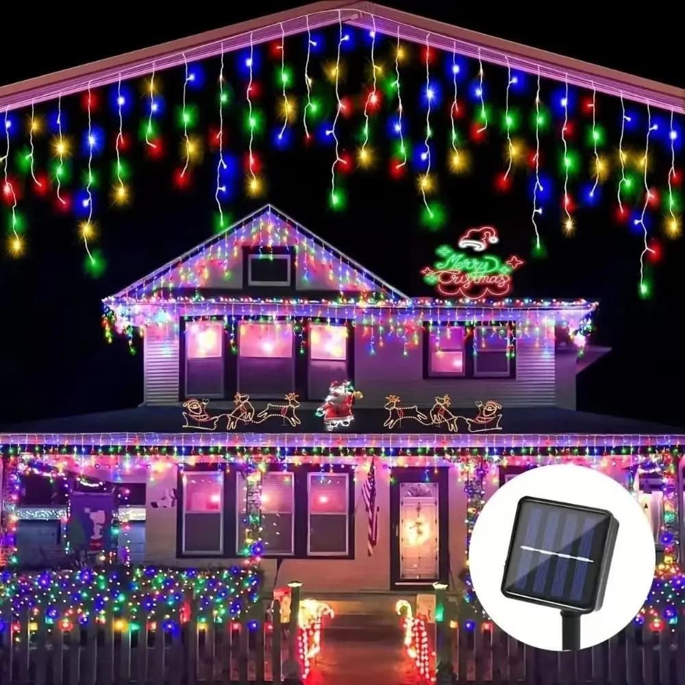 Luci a Cascata per Tende 600CM, Alimentate a Energia Solare, Impermeabili, LED Colorati per Decorazioni Esterne e Festive