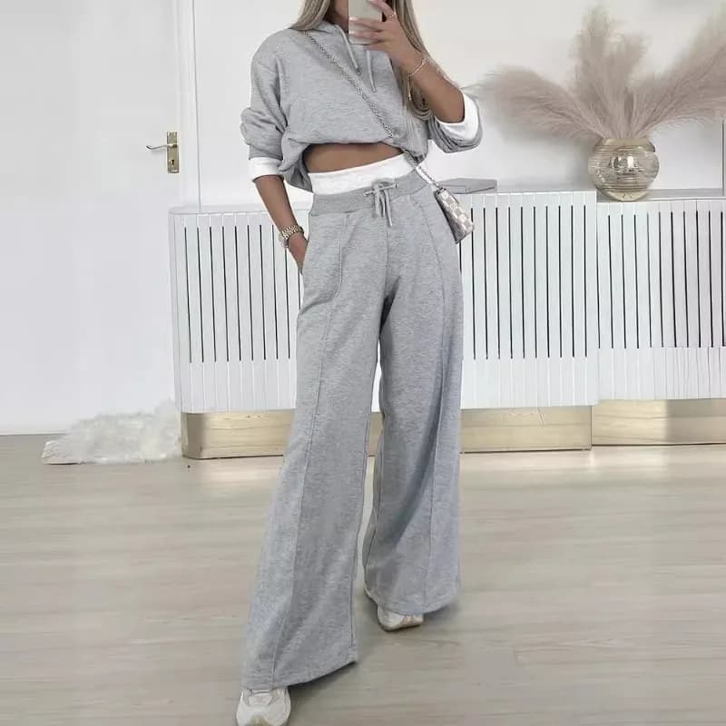 2026 Spring Autumn New Loose Sports Suit Women Long Sleeve Hooded Sweatshirt Drawstring High Waist Pocket Wide Leg Pants Suit