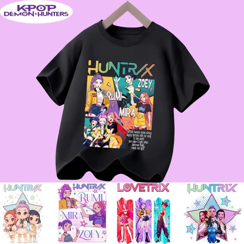 Maglietta sportiva carina in cotone a maniche corte K-pop Demon Hunter per bambine da 1 a 12 anni. T-shirt estiva. Top casual. Stampa a fumetti