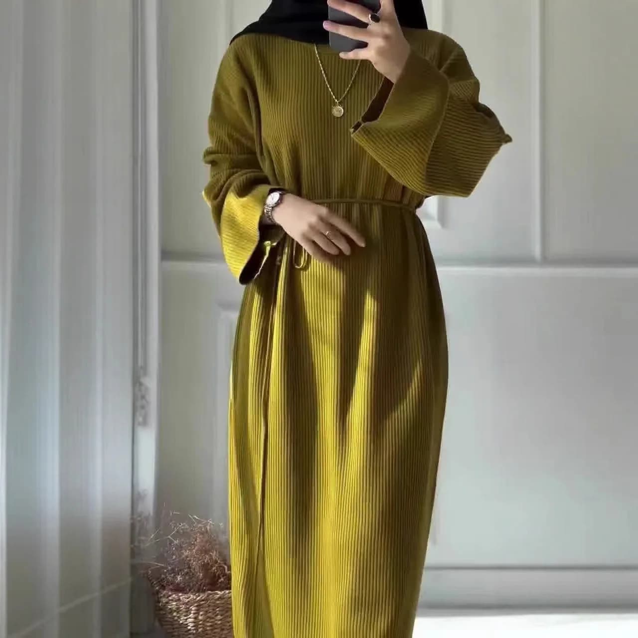 Muslim Dress Temperament Knitted Round Neck Pullover Fashionable Long Sleeve 2025 Long Evening Gown Vestido Elegante Robe Femmes