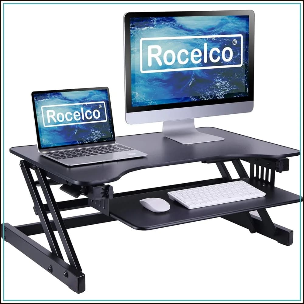 32" Height Adjustable Standing Desk Converter with Retractable Keyboard Tray, Dual Monitor Riser, Dual Piston Lift, Black