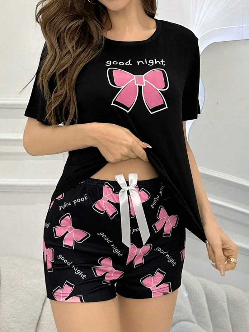 Women's Casual Bow Print Pajama Set Short Sleeve Round Neck Top And Shorts Comfortable Relaxed Fit Summer Nightwear Sleepwear