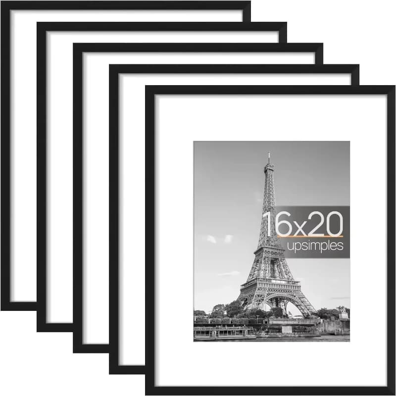 Upsimples 16x20 photo frame set, 11x14 image displays with mat or 16x20 without mat, wall gallery poster frames, black