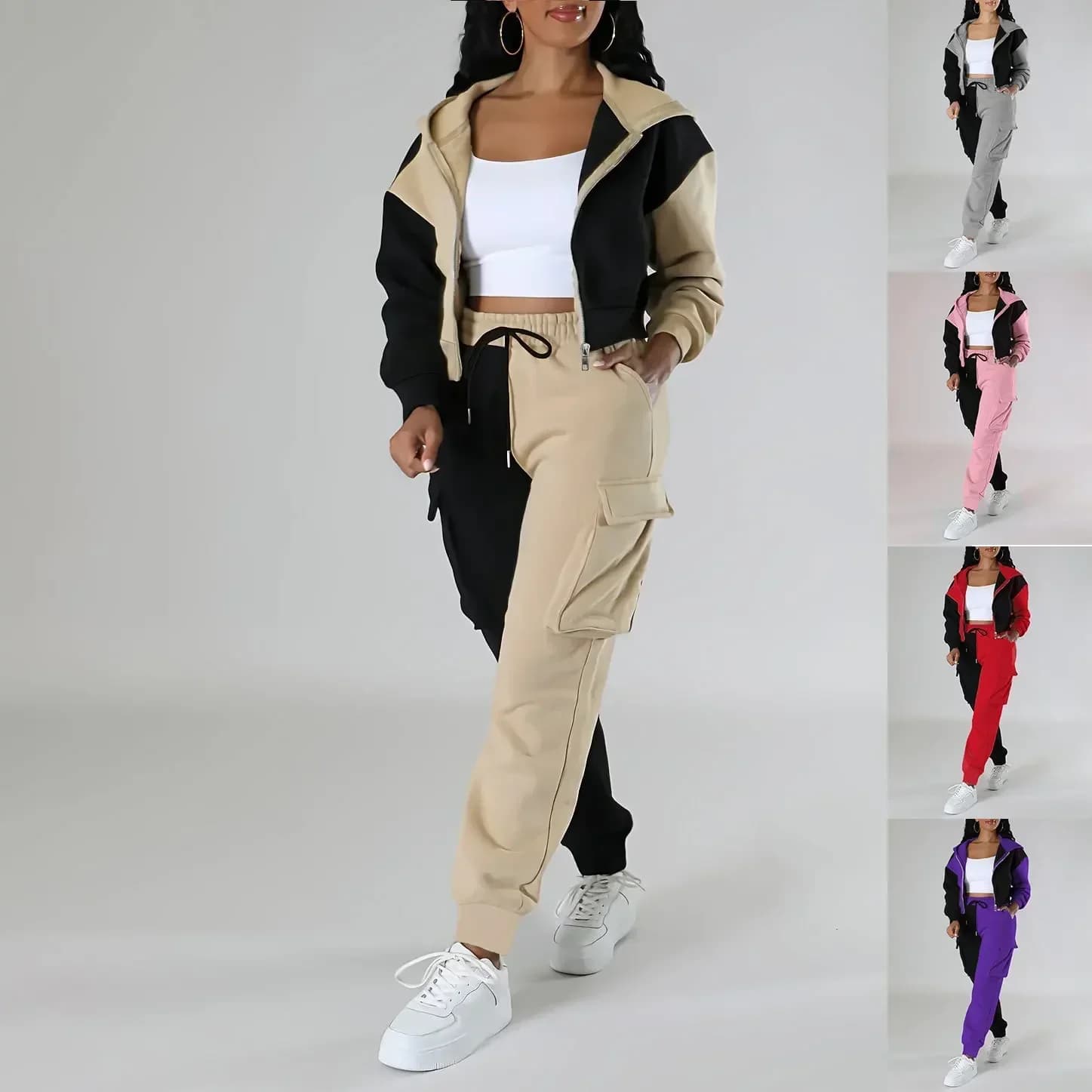 Abito da donna sciolto autunno inverno due pezzi set coordinati felpa con cappuccio tuta con cerniera bloccata tuta sportiva corta pantaloni cargo con coulisse