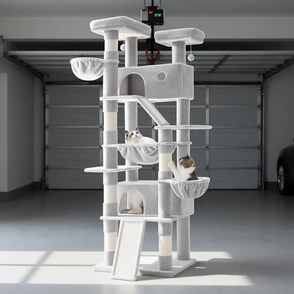 Casa sull'Albero Multi-Livello Alta 206 cm con Torri, Grande Cuccia e Amaca, Tiragraffi, Base Larga, Grigio