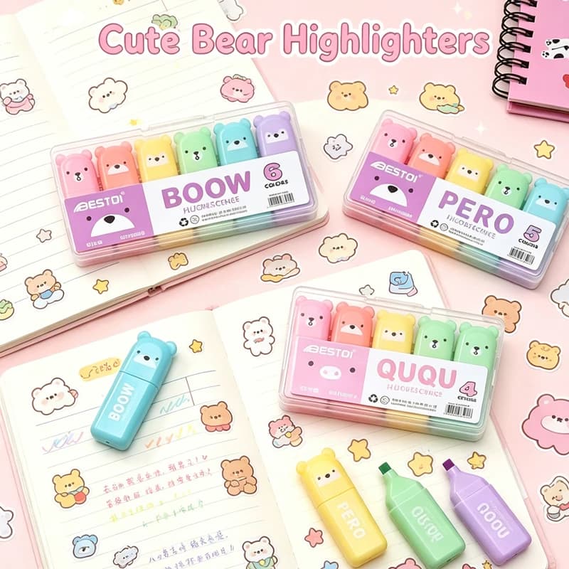 4/6/12 Pcs Kawaii Bear Highlighter Pens Cute Stationery Markers Oblique Tip Candy Color Fluorescent Pastel Pen School Supplies