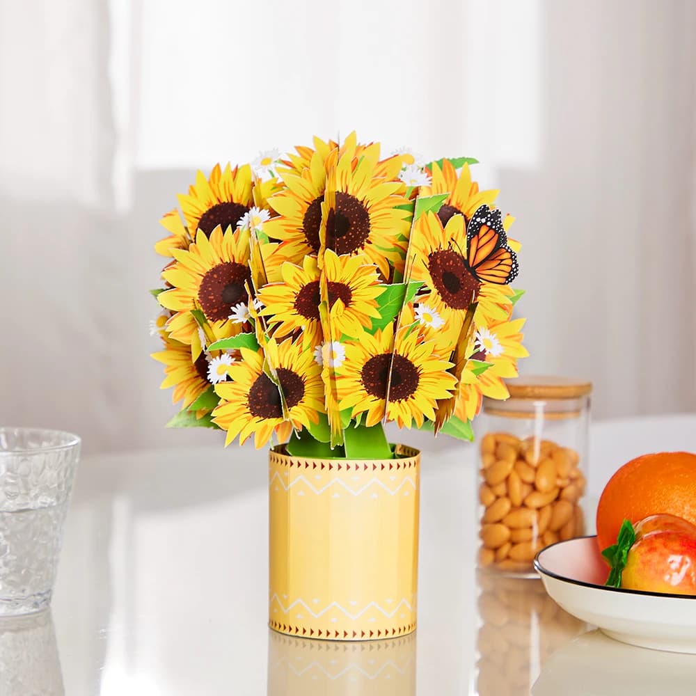 Biglietto d'auguri 3D con bouquet di girasoli in vaso, adatto per compleanni, anniversari e altre occasioni