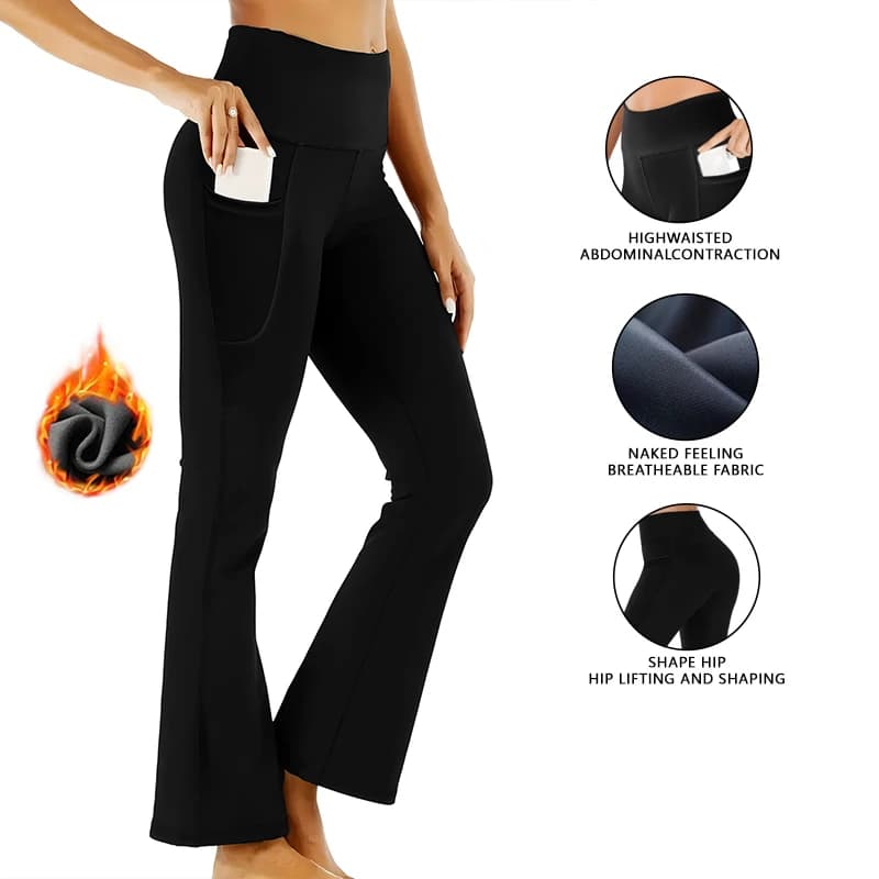 Leggings da yoga a vita alta con fodera in pile, tasche, effetto push-up, modellanti e contenitivi, morbidi, neri.