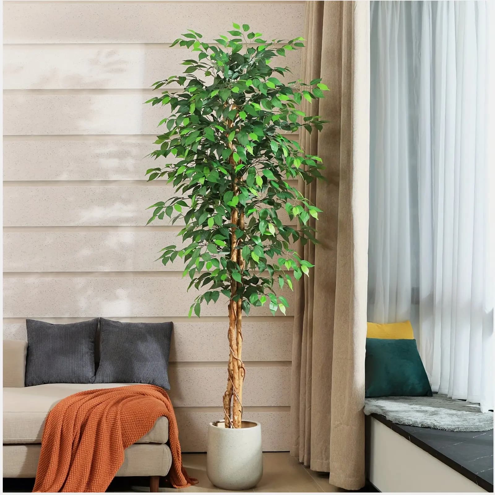 Tall Faux Ficus Tree with Realistic Curved Trunk – Lifelike Artificial Indoor Plant in Plastic Nursery Pot – Low-Maintenance Dec