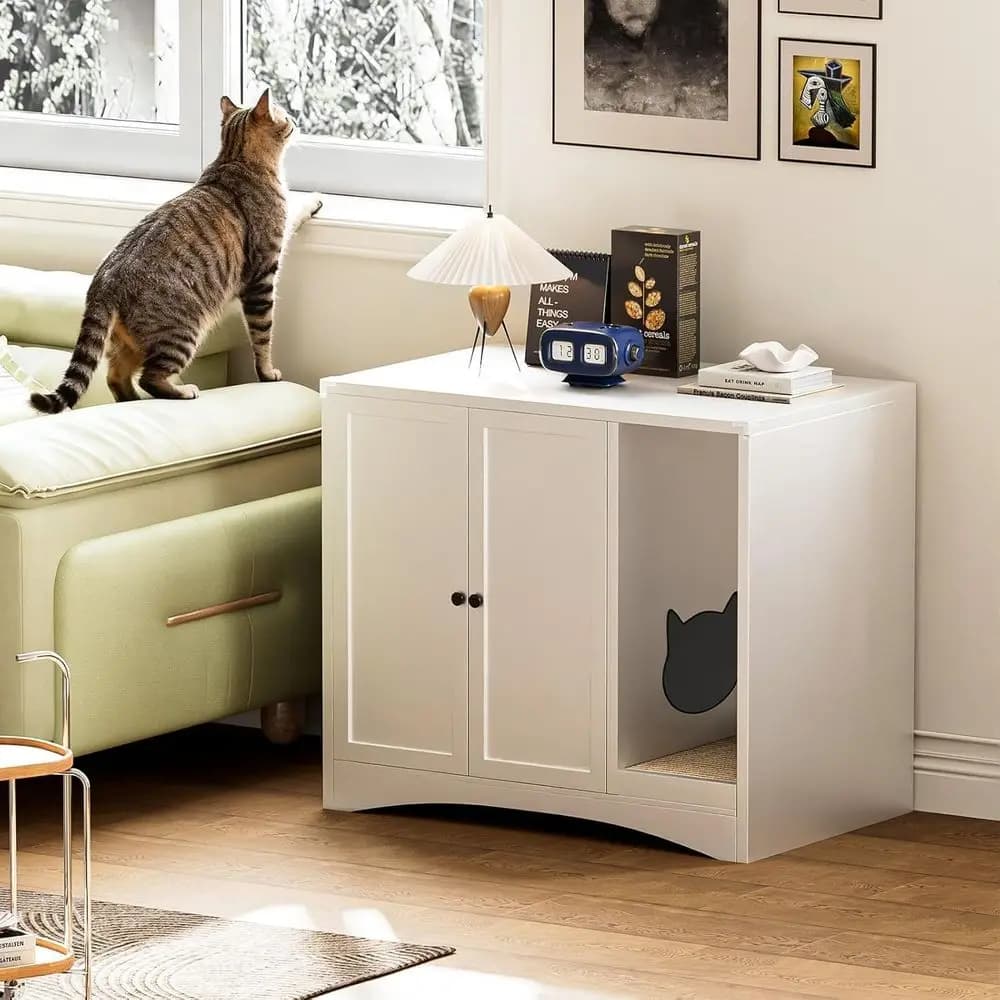 Mobiletto per lettiera per gatti da interno con ingresso curvo, in acciaio facile da pulire, a prova di cane, bianco, 31.5x19.6x27.5