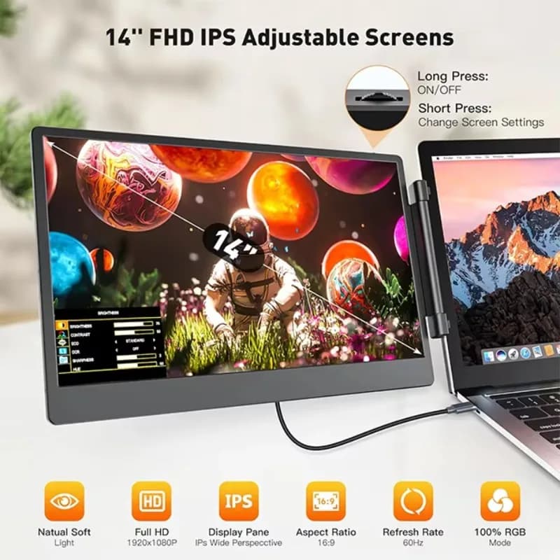 Monitor da gioco portatile da 14 pollici, supporto regolabile, altoparlante incorporato, schermo di espansione esterno per laptop