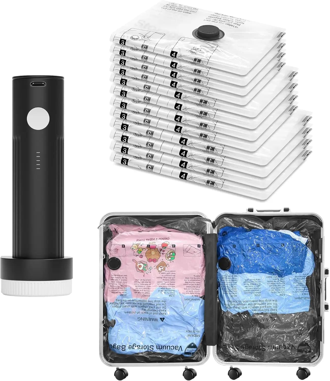 Sacchetti Sottovuoto da Viaggio con Pompa, Confezione da 12 (4L/4M/4S) per Compressione e Risparmio di Spazio per Bagagli e Vestiti