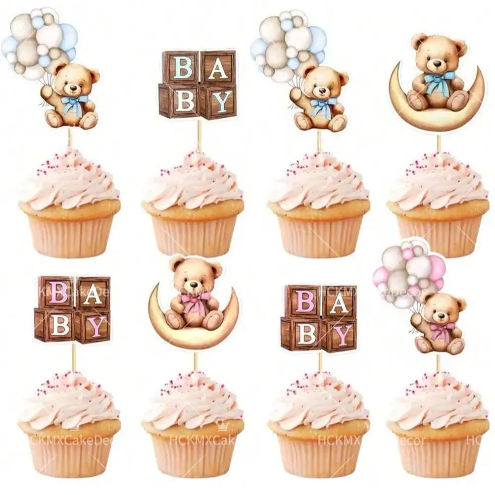 12/24 Pezzi Topper per Cupcake a Forma di Orsacchiotto, Decorazioni per Torte con Palloncini e Blocchi per Baby Shower, Rivelazione del Sesso, Feste di Compleanno