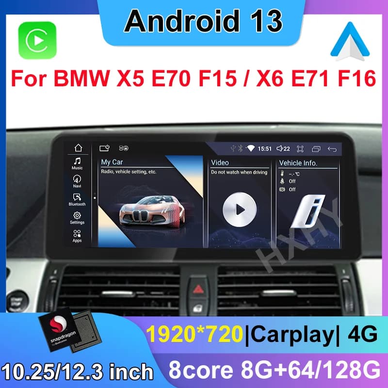 Nuovo 10.25/12.3 pollici Snapdragon Android 13 Lettore DVD per auto Sistema multimediale per BMW X5 E70 X6 E71 Radio GPS Navi Audio Carplay
