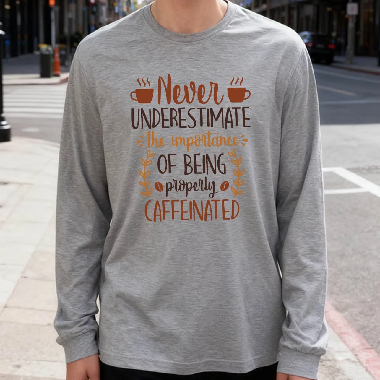 Men's Long Sleeved T-shirt Caffeine Is Important 180g 100% cotton casual printed crew neck to wear every day soft and breathable