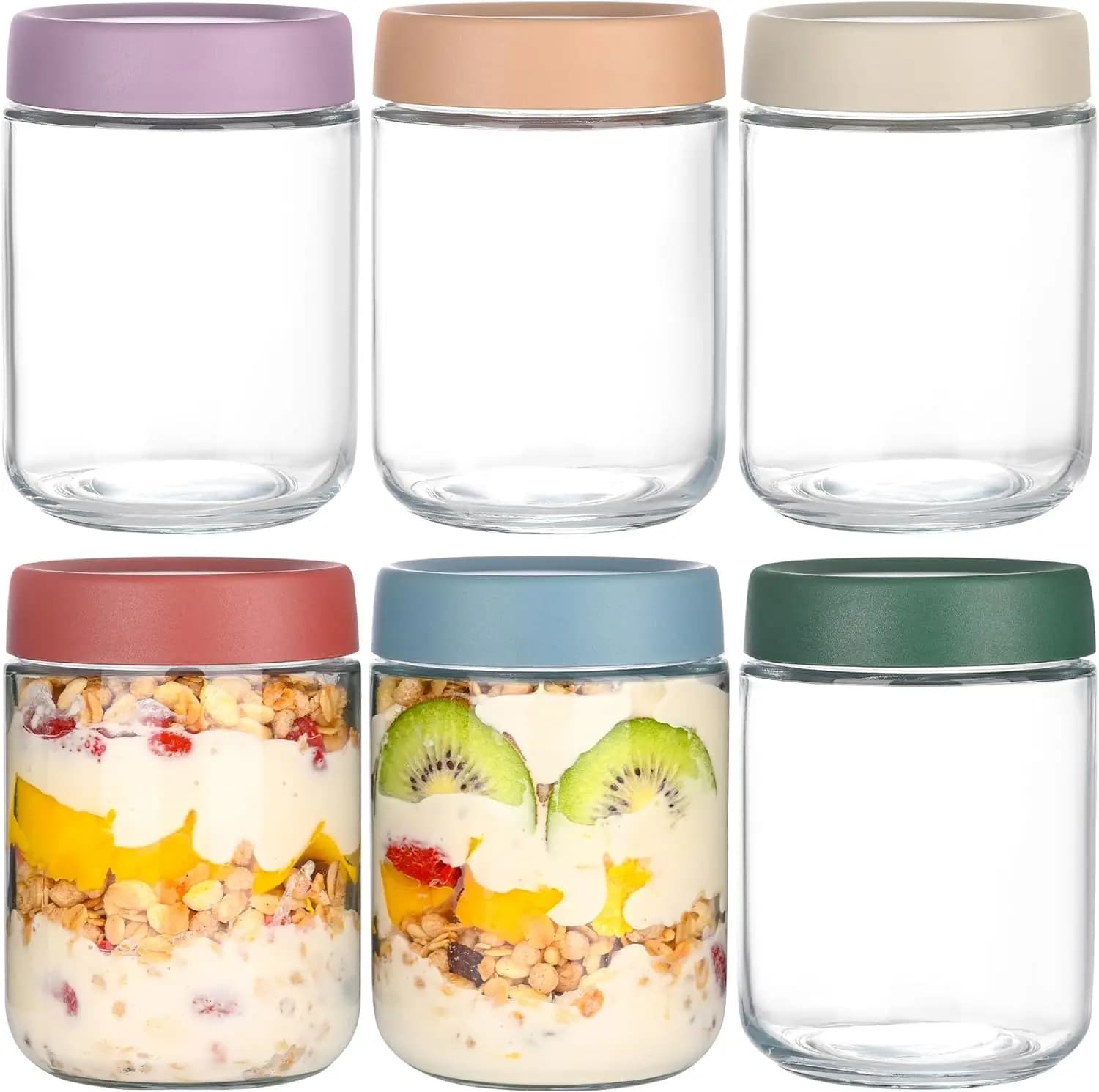 Barattoli in Vetro da 16 oz con Coperchi Ermetici, Confezione da 6 Contenitori per Overnight Oats, Yogurt, Chia Pudding, Snack