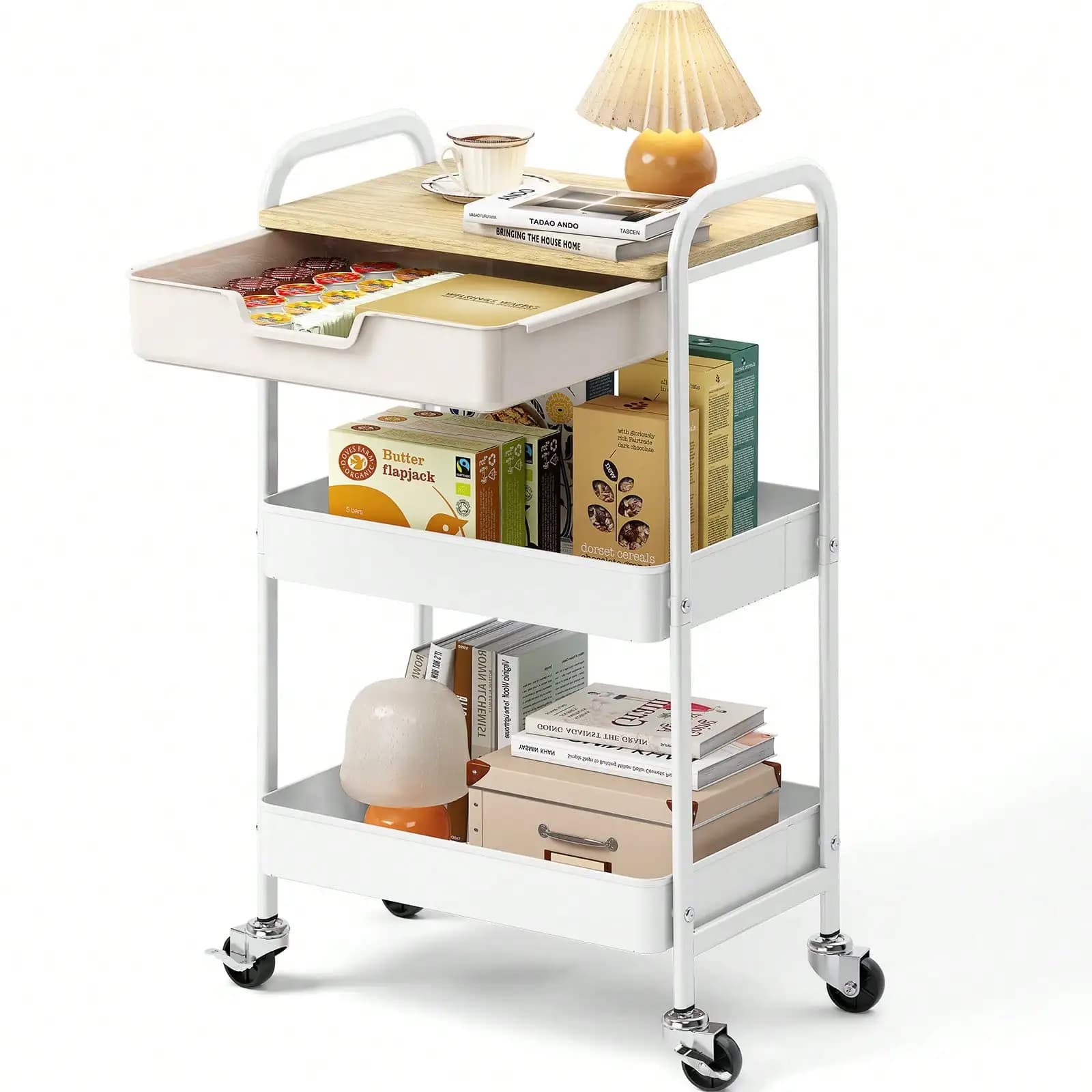 Carrello multiuso con ripiano in legno e cassetto, carrello portaoggetti in metallo con maniglia, carrello da cucina nero