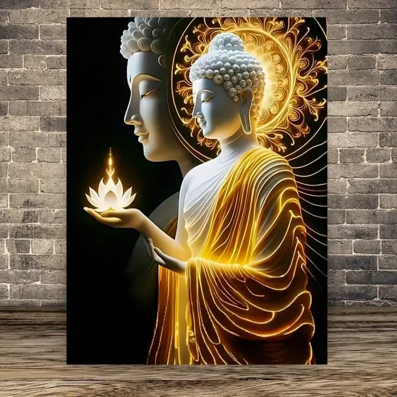 Frameless Canvas Poster - Serene Buddha with Candle and Lotus, Golden Robe Design, Ideal for Living Room, Bedroom, Ba