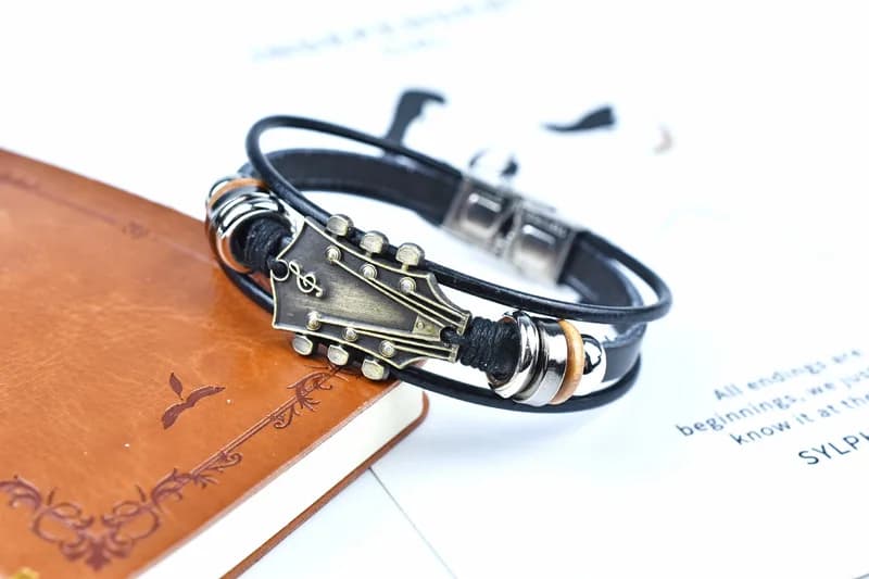 Guitar Headstock Leather Wrap Bracelet for Men Women, Vintage Multi Layer Black PU Leather Wooden Bead Music Note Cuff Wristband, Rock Punk Music Lover Jewelry Gift for Concert Birthday Daily Party