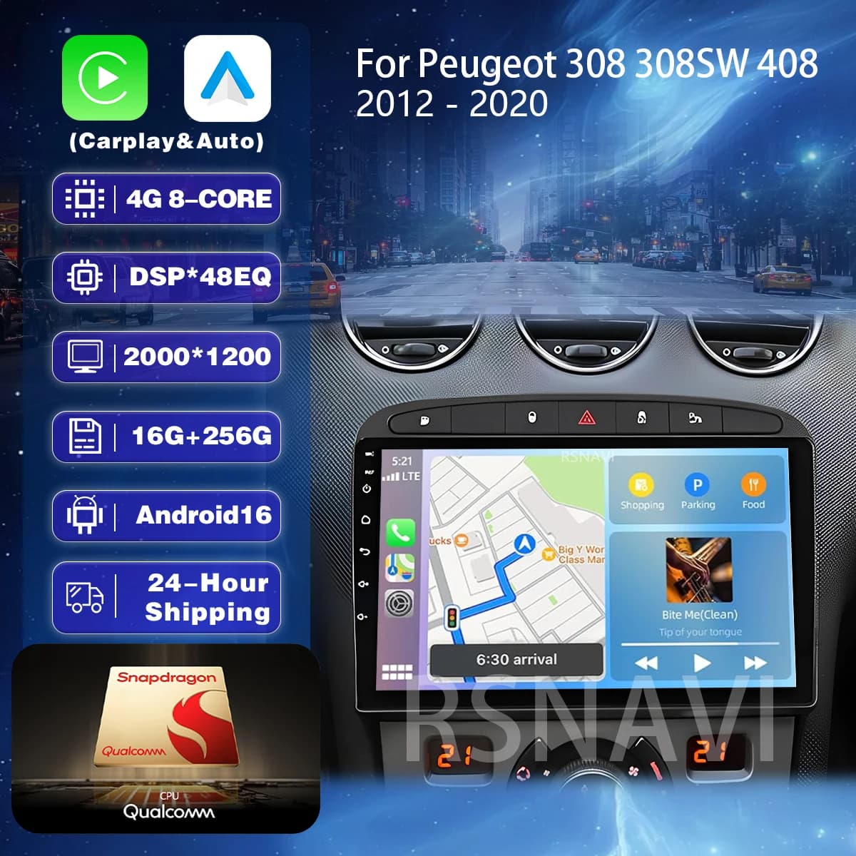 Autoradio Android 16 RSNAVI per Peugeot 308 308SW 408 2012-2020, Carplay, Android Auto, Stereo Multimediale, DSP 48EQ, Wifi+4G