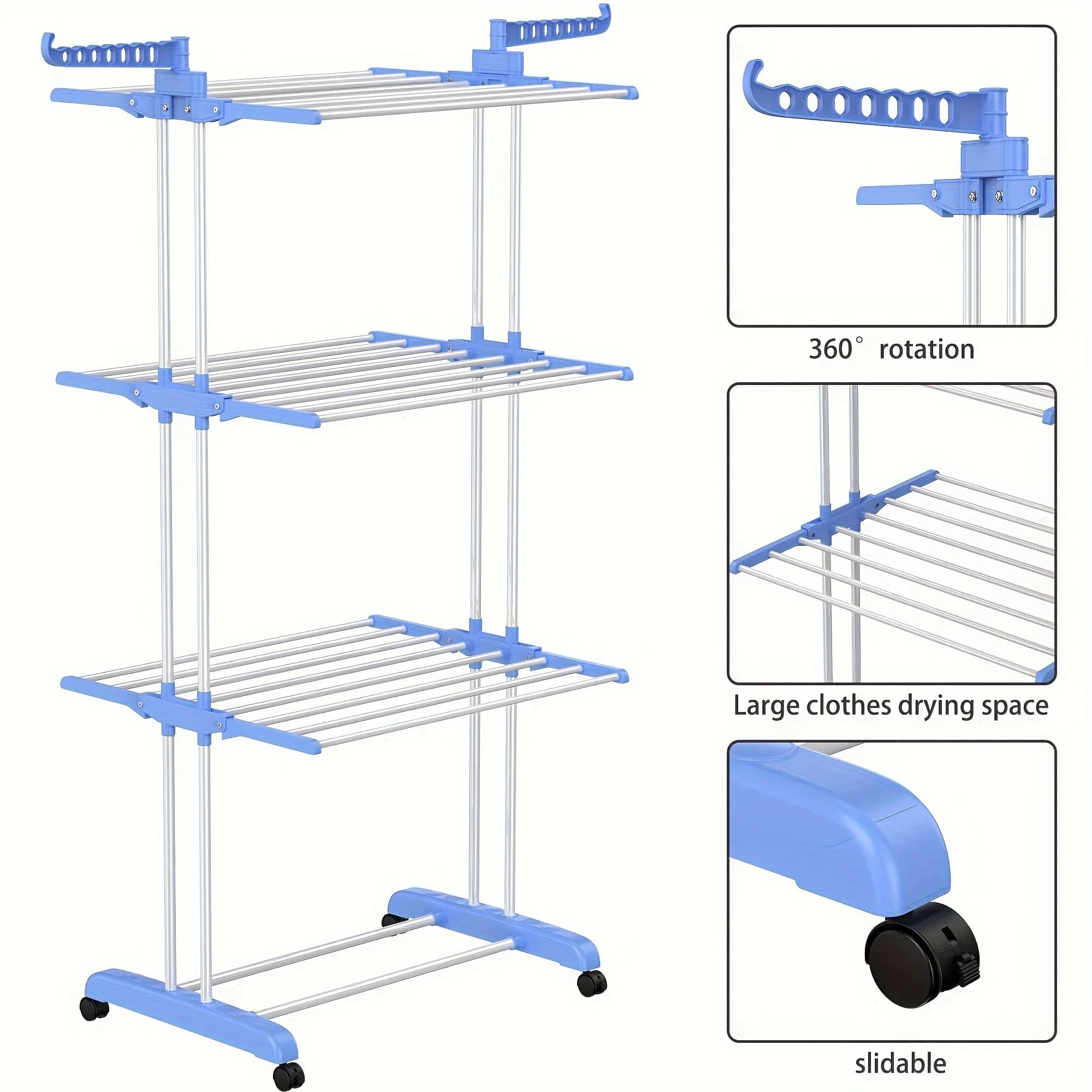 4 Tier Foldable Clothes Drying Rack 4 Tier Movable Rolling Laundry Rack with 4 Wheels Large Capacity Foldable Clothing Dryer