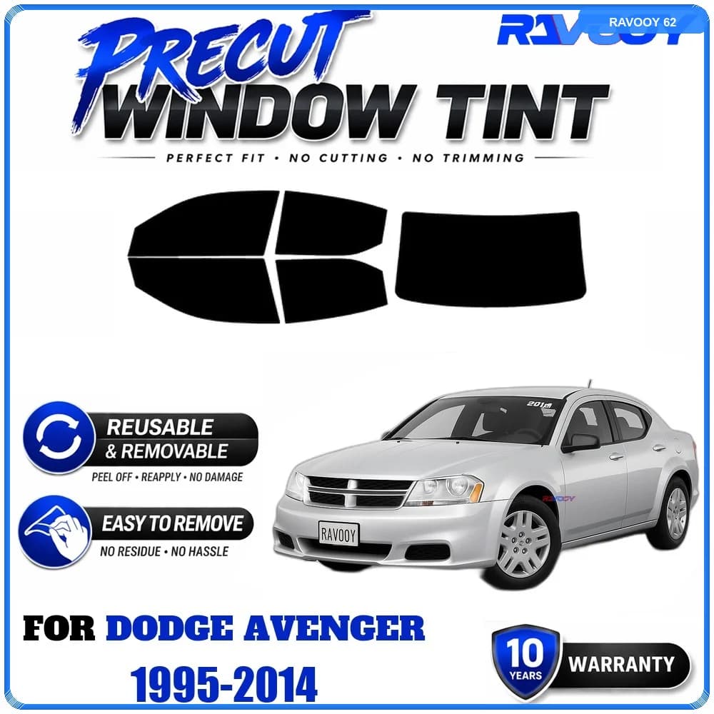 RAVOOY Precut Window Tint, Reusable Removable EPU Film, Custom Fit for Dodge Avenger 1995-2014, UV Heat Protection