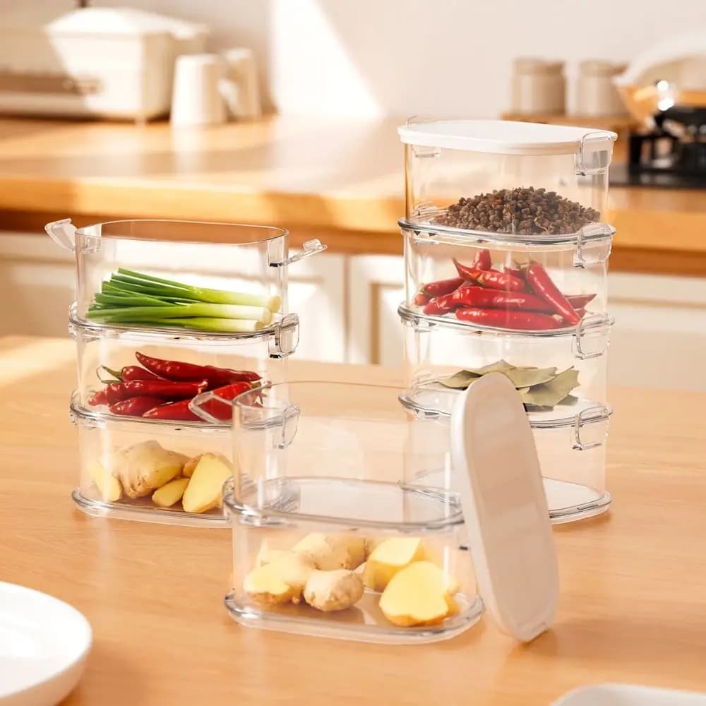 Set di 4 Contenitori per Spezie Impilabili a 2/3/4 Livelli, Grado Alimentare, Multifunzionali, Trasparenti, per Picnic e Campeggio