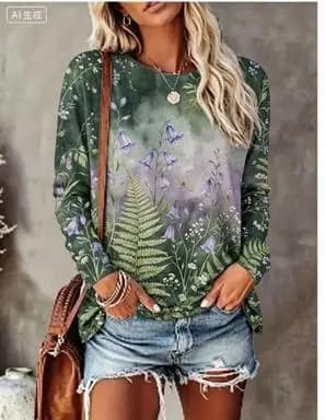 Women Long Sleeve T‑Shirt Gradient Background Watercolor Floral Bird Print Crew Neck Loose Casual Daily Tops