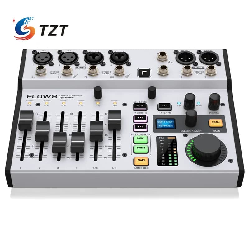 TZT FLOW 8 Mixer digitale 8 ingressi 2 FX e 2 monitor Processore audio a rumore ultra-basso Supporto Controllo app Bluetooth