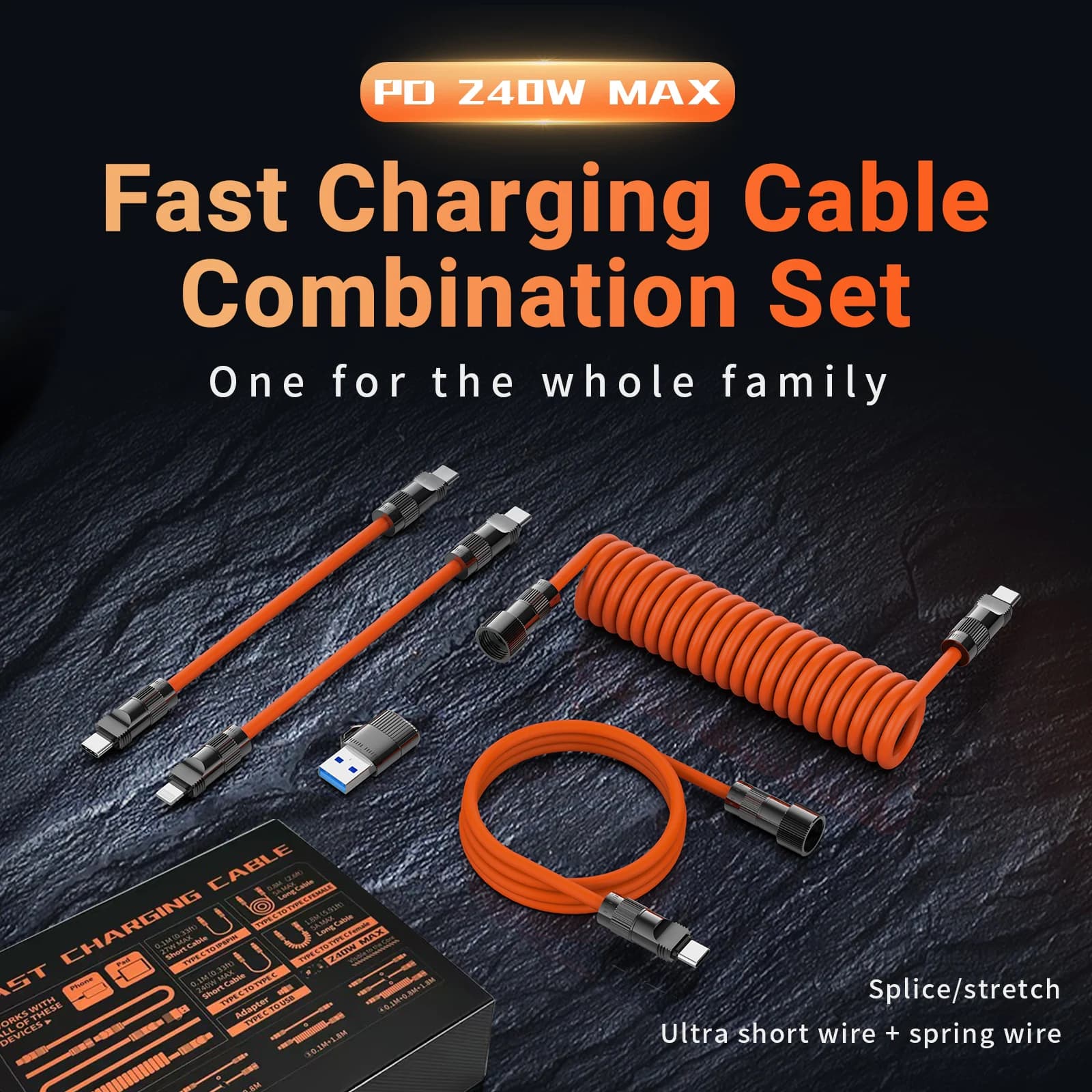 Cavo a molla telescopico a ricarica rapida PD da 240 W con cavo dati di prolunga USB A/USB C a LT/tipo C per switch per laptop iPhone iPad