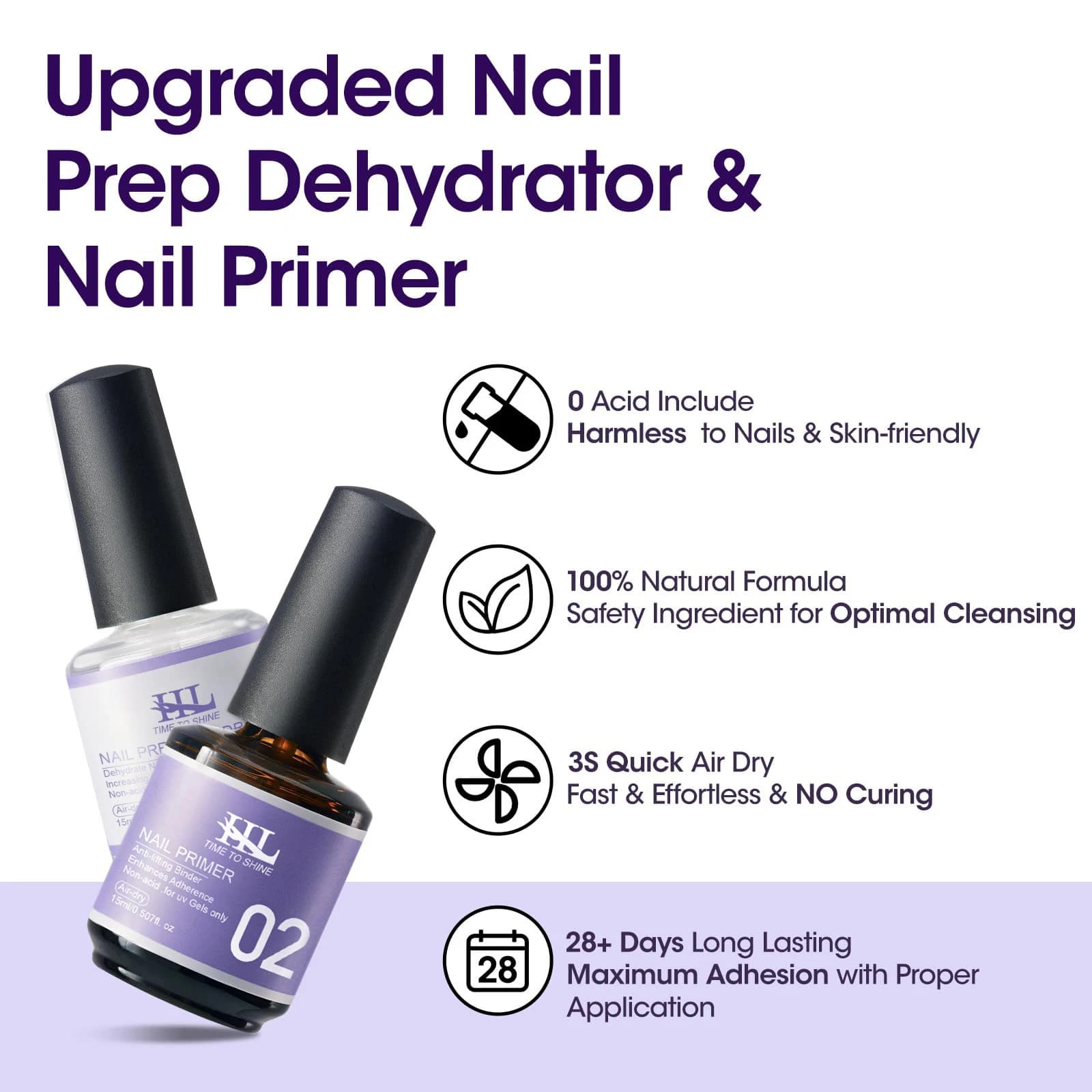 Disidratante e Primer per Unghie HL Senza Acidi, Preparazione Naturale per Unghie Acriliche e Gel UV, Asciugatura Rapida, Set per Adesione Superiore