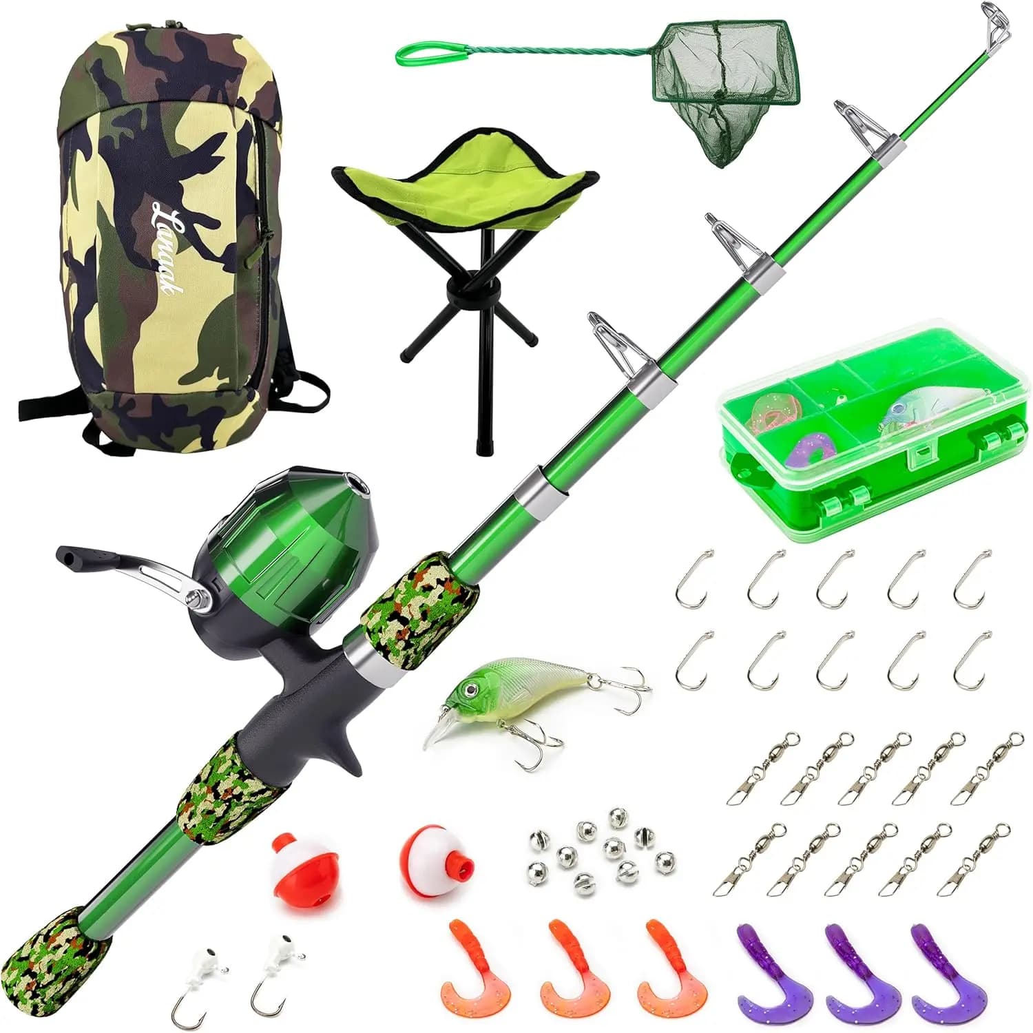 Set canna da pesca telescopica per bambini con scatola per attrezzatura e rete, attrezzatura portatile per ragazzi e ragazze dai 5 ai 10 anni