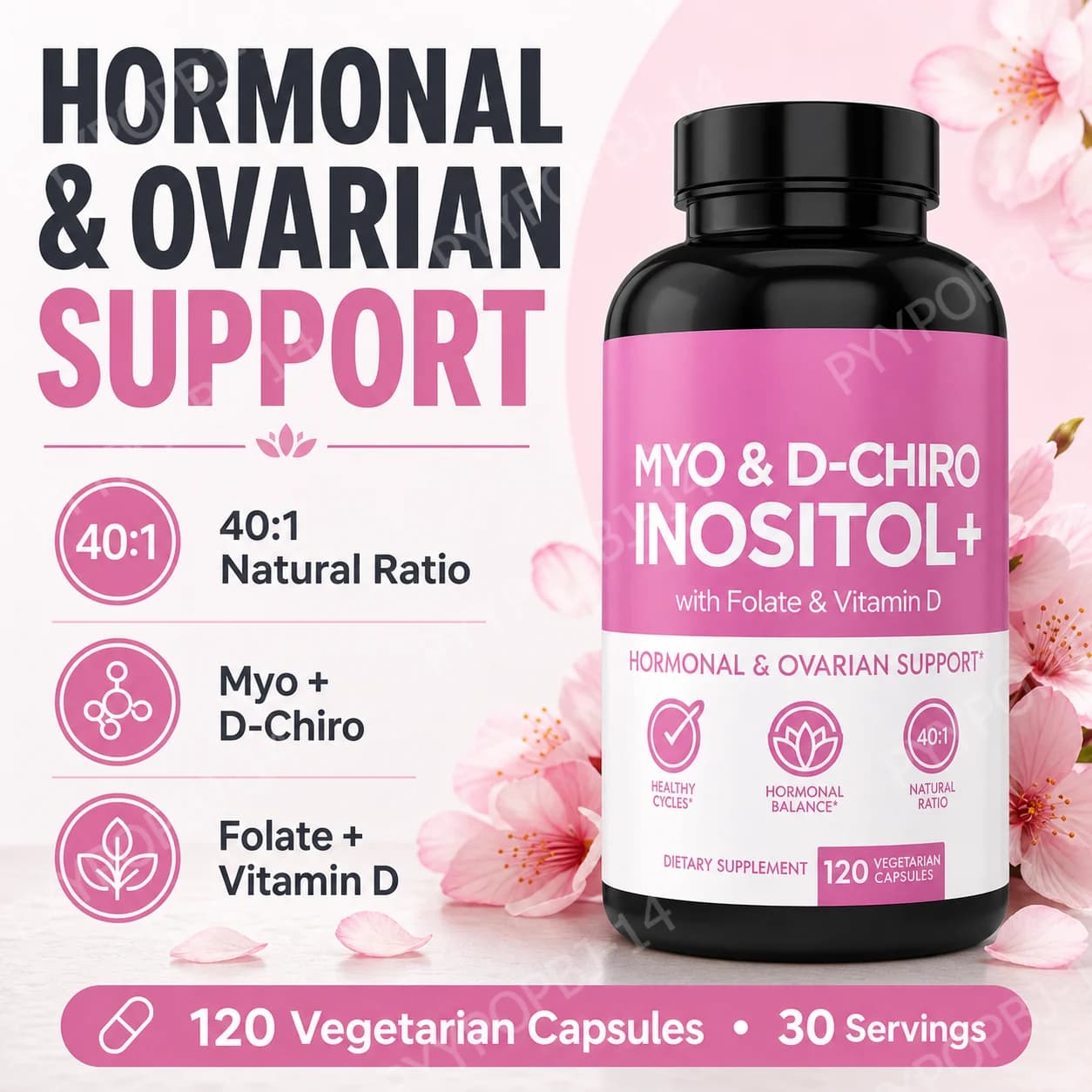 Myo&D-Chiro Inositol 40:1 with Folate Vitamin D3 120 Capsules 30 Servings Non-GMO Gluten Free Women’s Daily Wellness Supplement