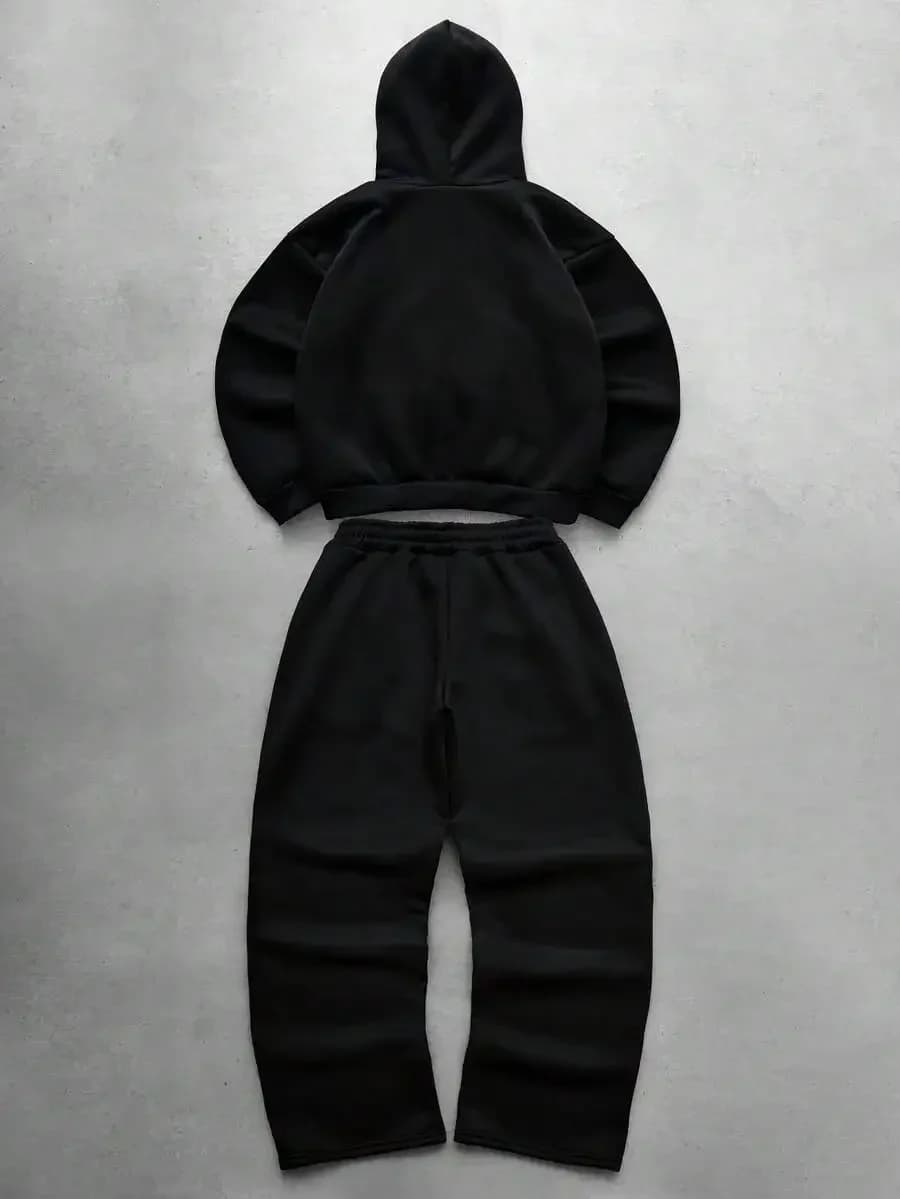 Set Due Pezzi da Uomo: Felpa con Zip Nera e Pantaloni Jogger, Abbigliamento Casual Streetwear