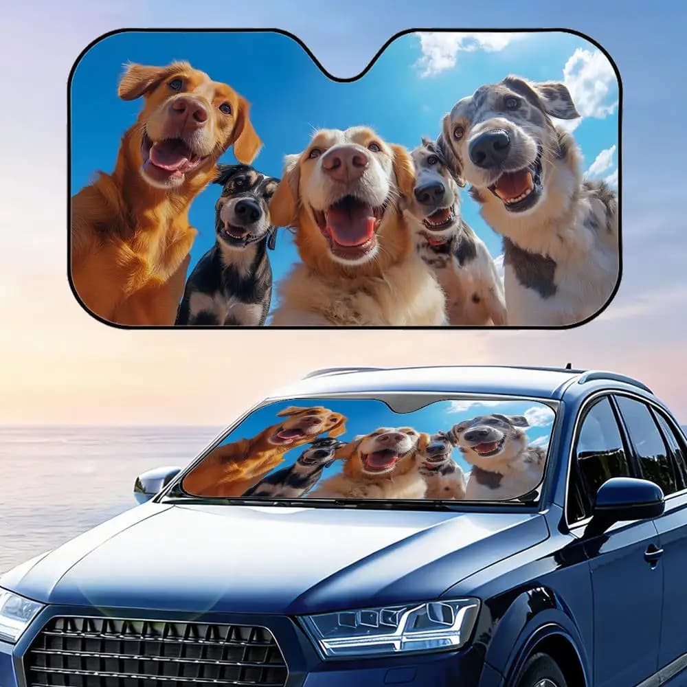 Parasole per Auto Pieghevole con Simpatico Cane in Close-up, Protezione UV, Isolamento Termico Riflettente, Copertura Riutilizzabile