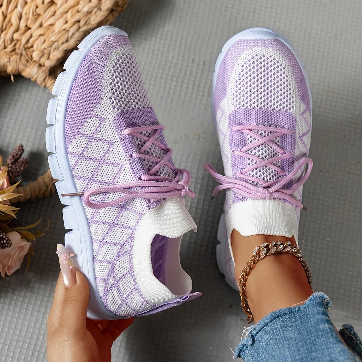 Women Knit Sock Sneakers, Rhombus Pattern Breathable Lightweight Comfortable Lace‑Up Flat Shoes Ladies Daily Casual Sport Shoes