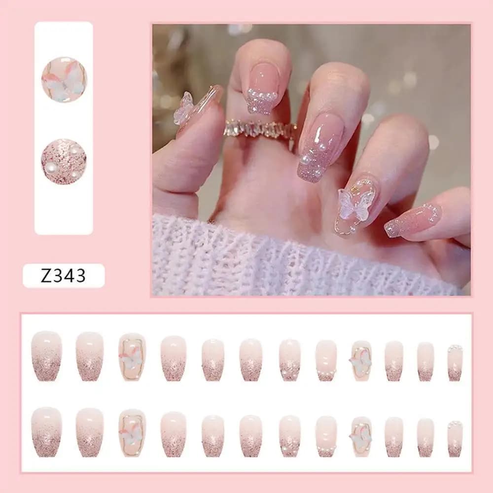 Fake nails with rhinestones, relief 3D butterfly designs, removable nail tips for fashion nail art and luxury