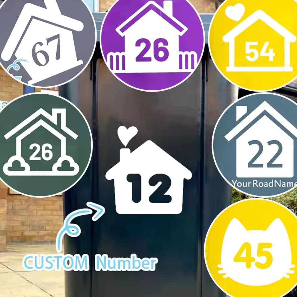 3 pezzi personalizzati con numero di bidone delle ruote, decalcomania in vinile, bidone della spazzatura, adesivi con numero di strada della casa, adesivo impermeabile