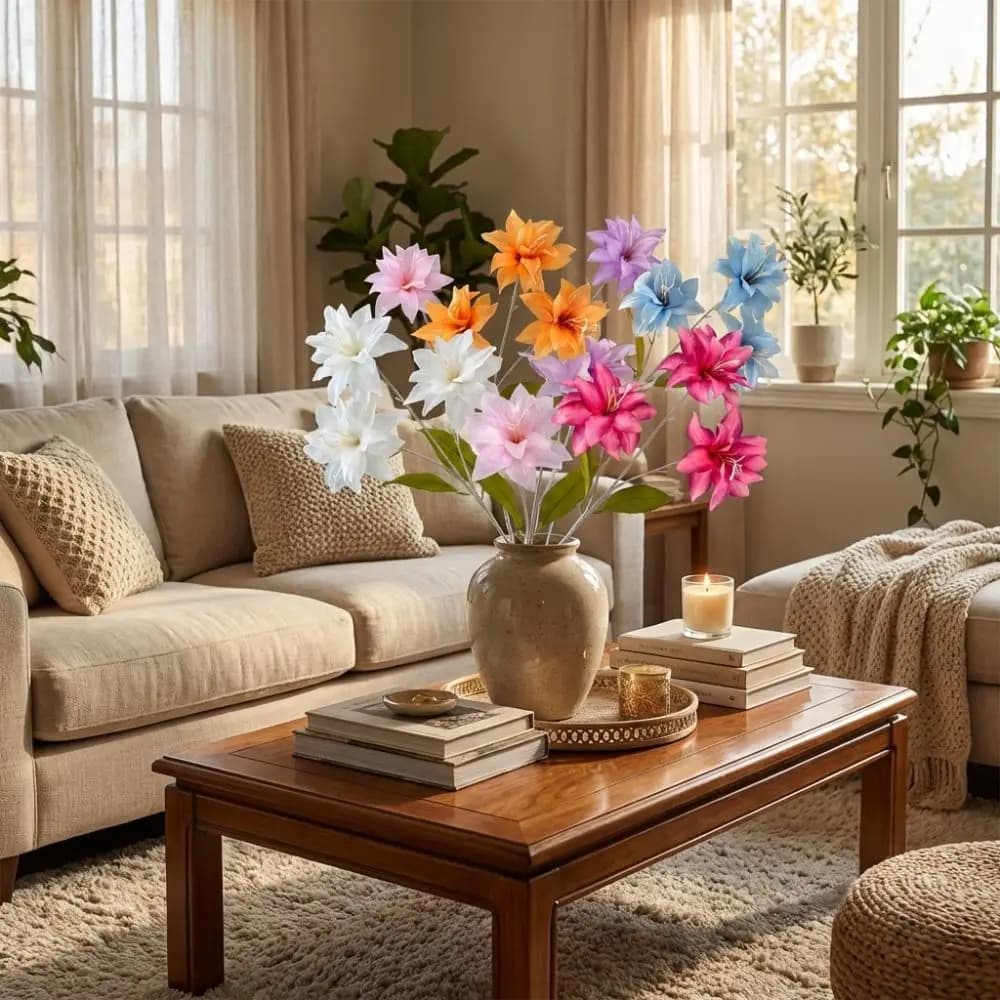 3 Heads Artificial Flower Branch Green Plants Realistic Silk Flower Branch Real Touch Handmade Lilium Brownii Flower