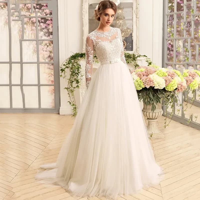 Abiti da Sposa Personalizzati a Linea A con Scollo Tondo e Applicazioni, Vestito da Sposa per Cerimonie Civili
