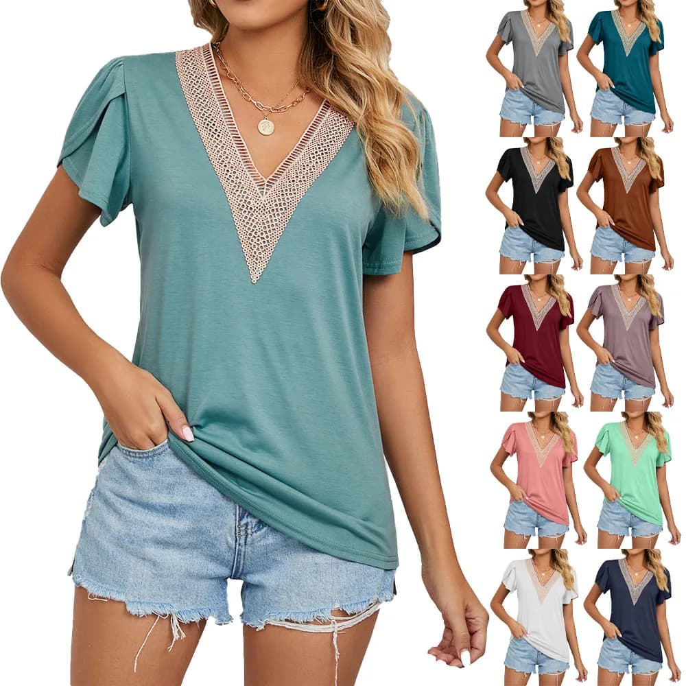 Elegant women's shirts Fashion shirts 2025 New summer Petalo Short sleeve Patchwork lace Top female broad shirts with casual V neck