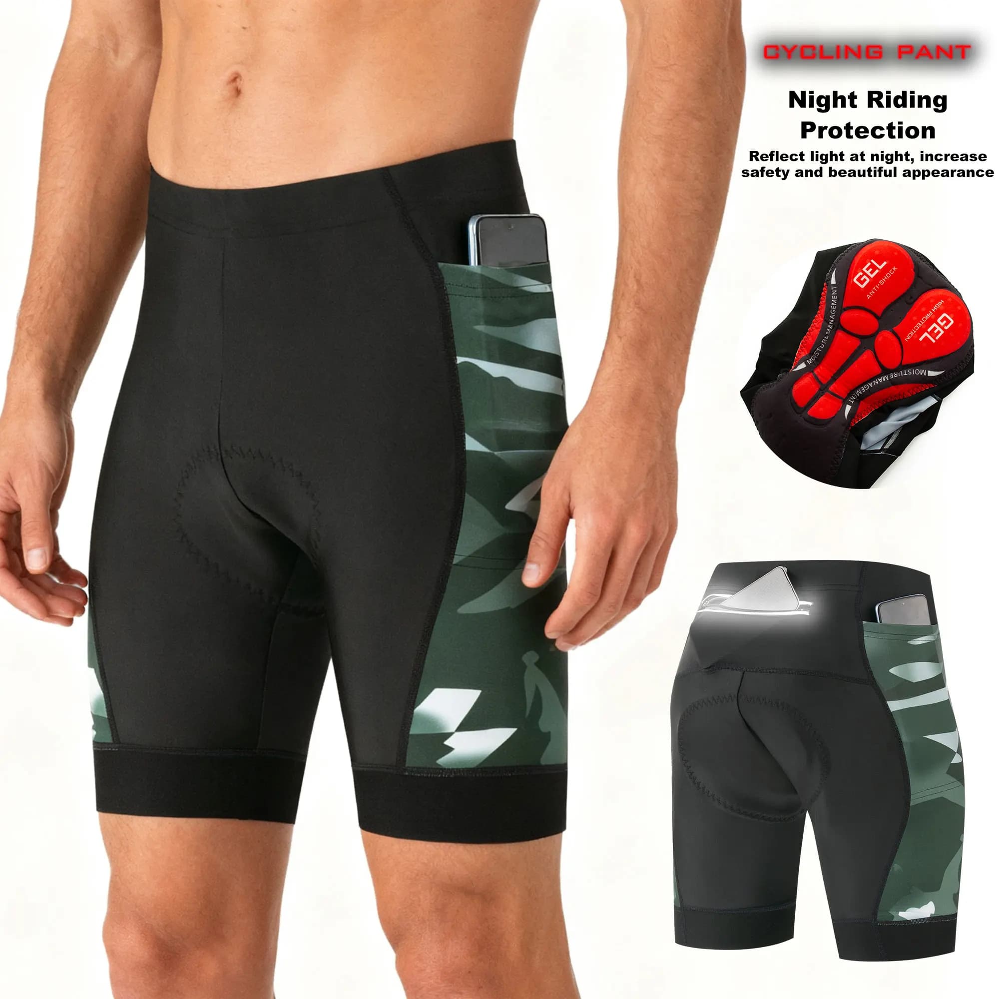 Pantaloncini da Ciclismo con Imbottitura 3D, Tessuto Elastico Traspirante, Tasche Laterali per Telefono, Tasca Posteriore con Zip, Grip Antiscivolo sulle Gambe per Bici da Strada