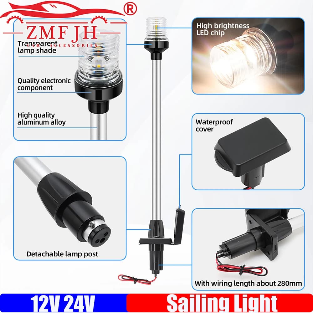 ZMFJH Lampada da ancoraggio per luce di poppa LED Luci da vela per barche marine Palo tutto tondo bianco rimovibile Spina a 2 pin nella base angolata da 22 pollici