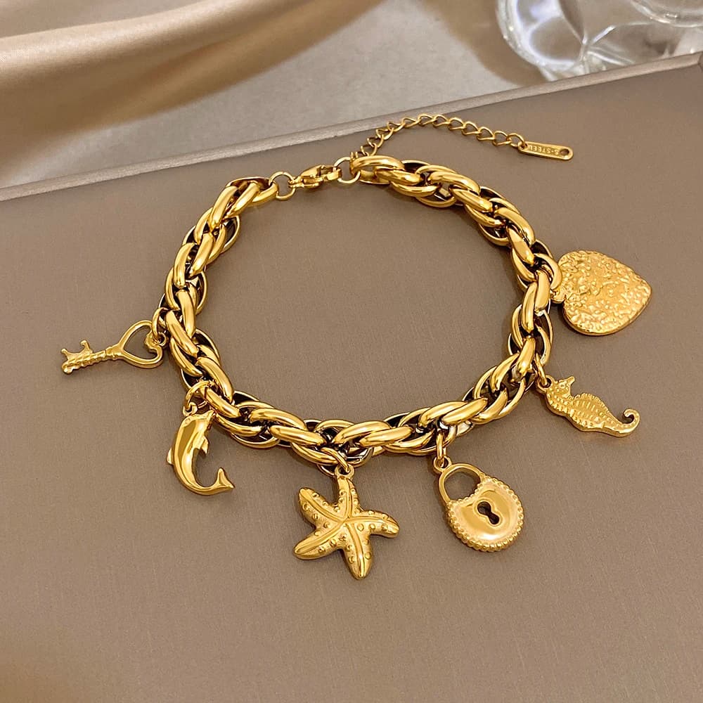 Greatera Braccialetti con ciondolo in stile oceano a catena intrecciata a doppio strato Moda Stella marina Cuore Cavallo marino Gioielli da donna