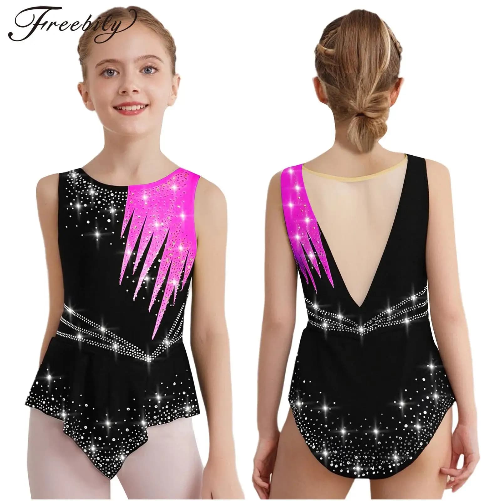 Body da Pattinaggio Artistico per Bambine con Strass Luccicanti e Rete, Leotard per Ginnastica Ritmica, Danza e Acrobazia