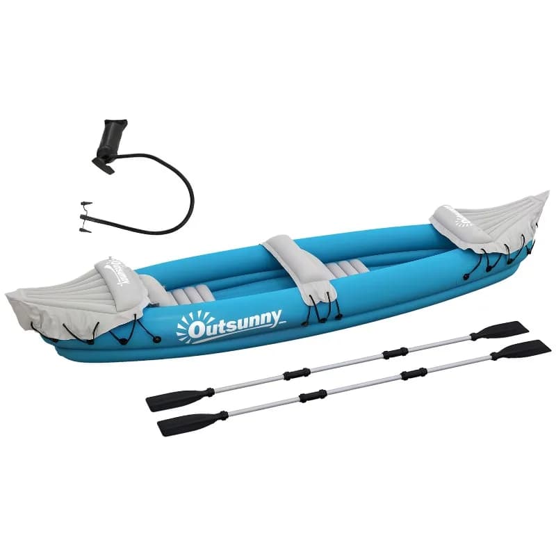 Kayak gonfiabile biposto tandem per la pesca con 2 pagaie in alluminio, kit di riparazione pompa, pieghevole, portatile, leggero, 400 libbre