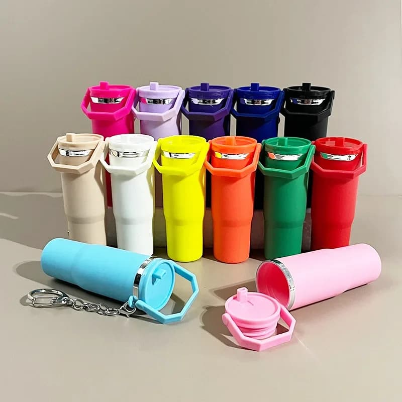 Kawaii Mini Cup Tumbler Shaped Keychain Lipstick Holder Bag Charm Cute Backpack Pendant Pouch Purse Accessory for Women Girls Birthday Gift